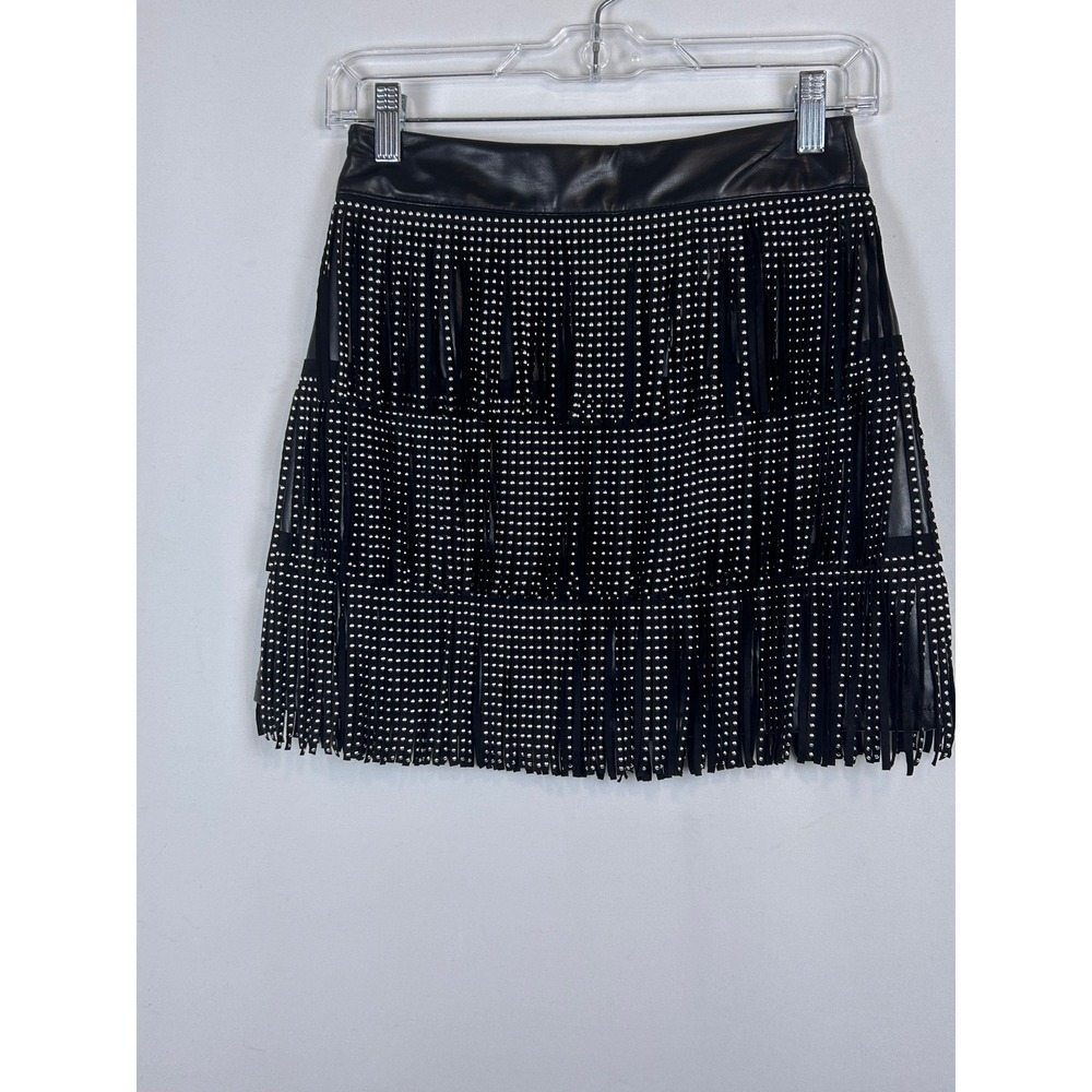 Faux Leather Studded Fringe Mini Skirt Black Western Rocker Festival Skirt - Picture 6 of 12